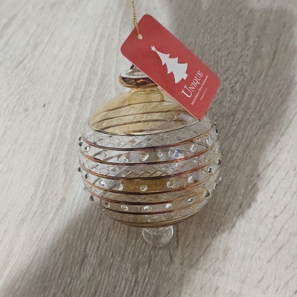 Handmade In Egypt Mouth Blown Glass Christmas Ornament  Golden Ball Holiday